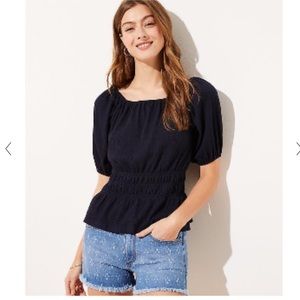 LOFT navy blue textured cinched waist blouse